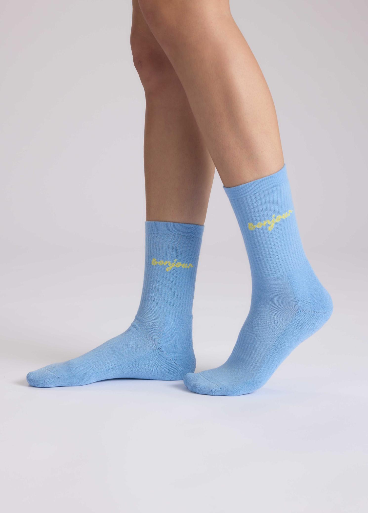 Statement Socken ''Bonjour'' | Größe 35-38 | hellblau/gelb | NO BAD DAYS CLUB - Bild 3